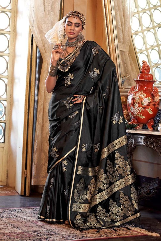 Calla Black Satin Handloom Woven Silk Ready to Wear Saree