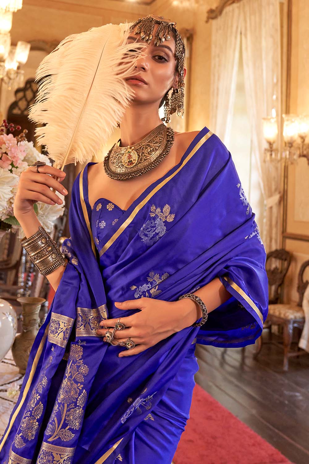 Calla Dark Blue Satin Handloom Woven Silk Ready to Wear Saree