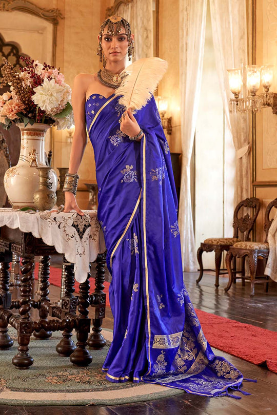 Calla Dark Blue Satin Handloom Woven Silk Ready to Wear Saree