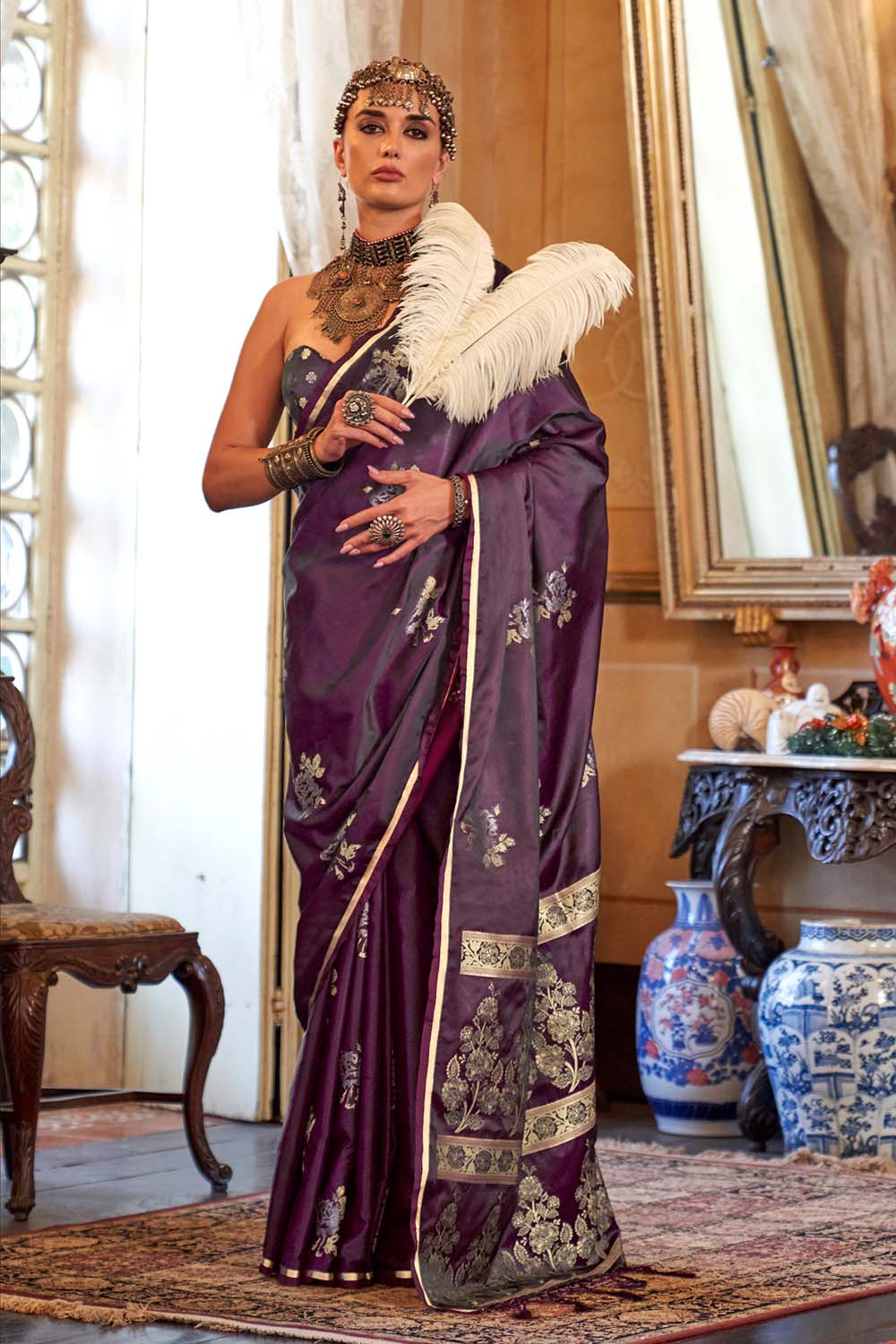 Calla Deep Wine Satin Handloom Woven Silk Ready to Wear Saree