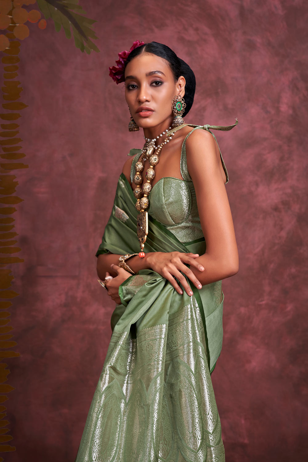 Saanvi Olive Green Pure Satin Handloom Weaving Silk Ready to Wear One Minute Saree