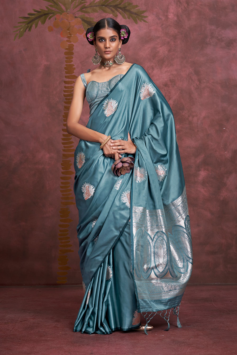 Saanvi Turquoise Blue Pure Satin Handloom Weaving Silk Ready to Wear One Minute Saree
