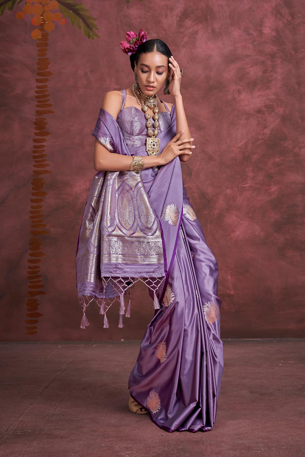 Saanvi Pastel Purple Pure Satin Handloom Weaving Silk Ready to Wear One Minute Saree