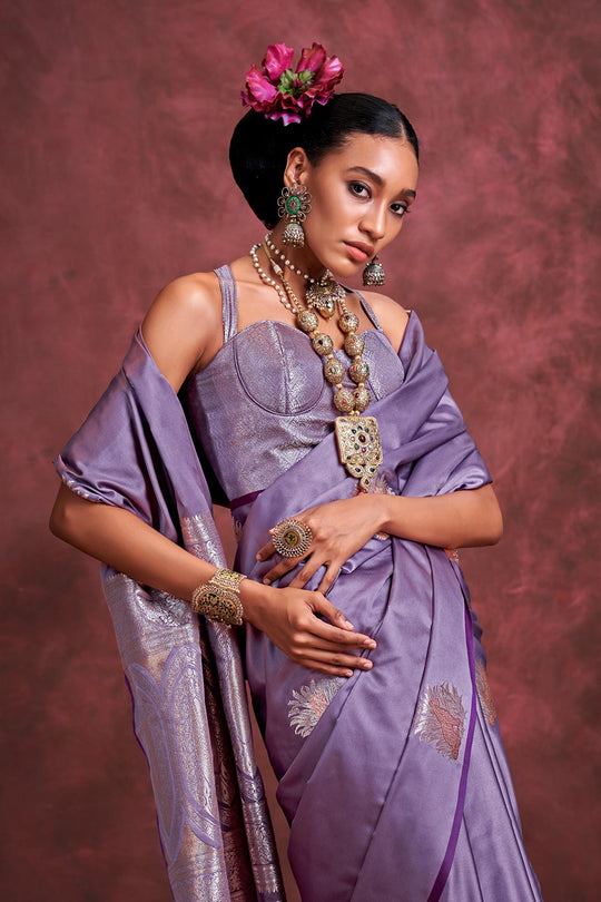 Saanvi Pastel Purple Pure Satin Handloom Weaving Silk Ready to Wear One Minute Saree