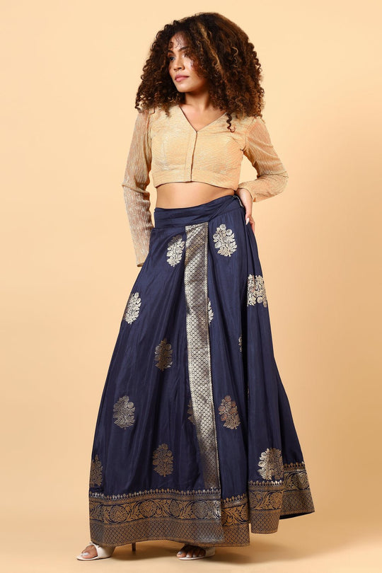 Hibana Navy Blue Banarasi Georgette Wrap Around Skirt