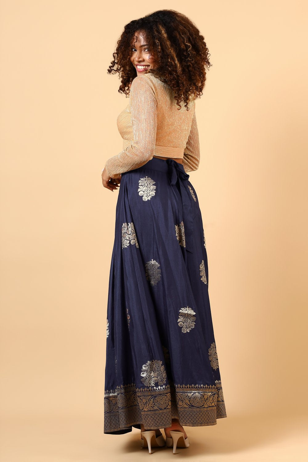 Hibana Navy Blue Banarasi Georgette Wrap Around Skirt