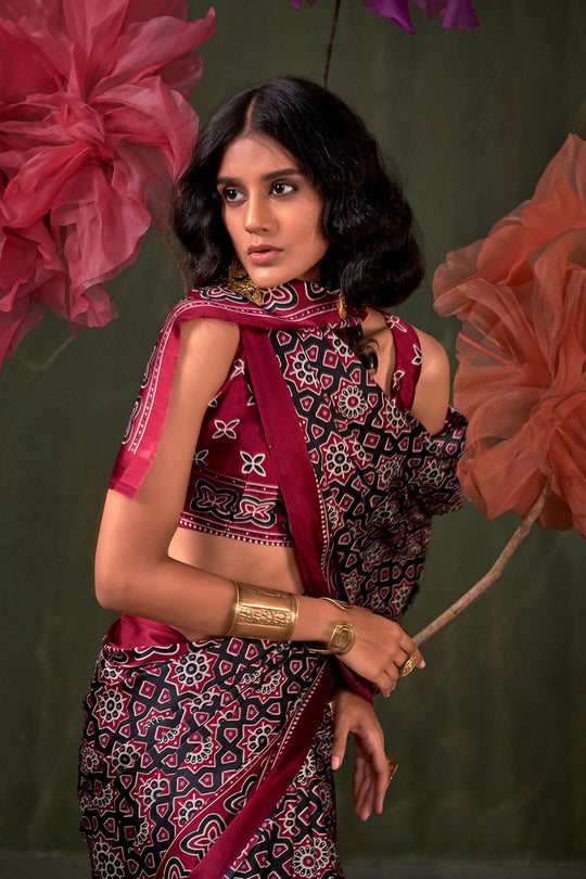 Aurora Wine Designer Satin Crepe Ajrakh Print Ready to Wear Saree