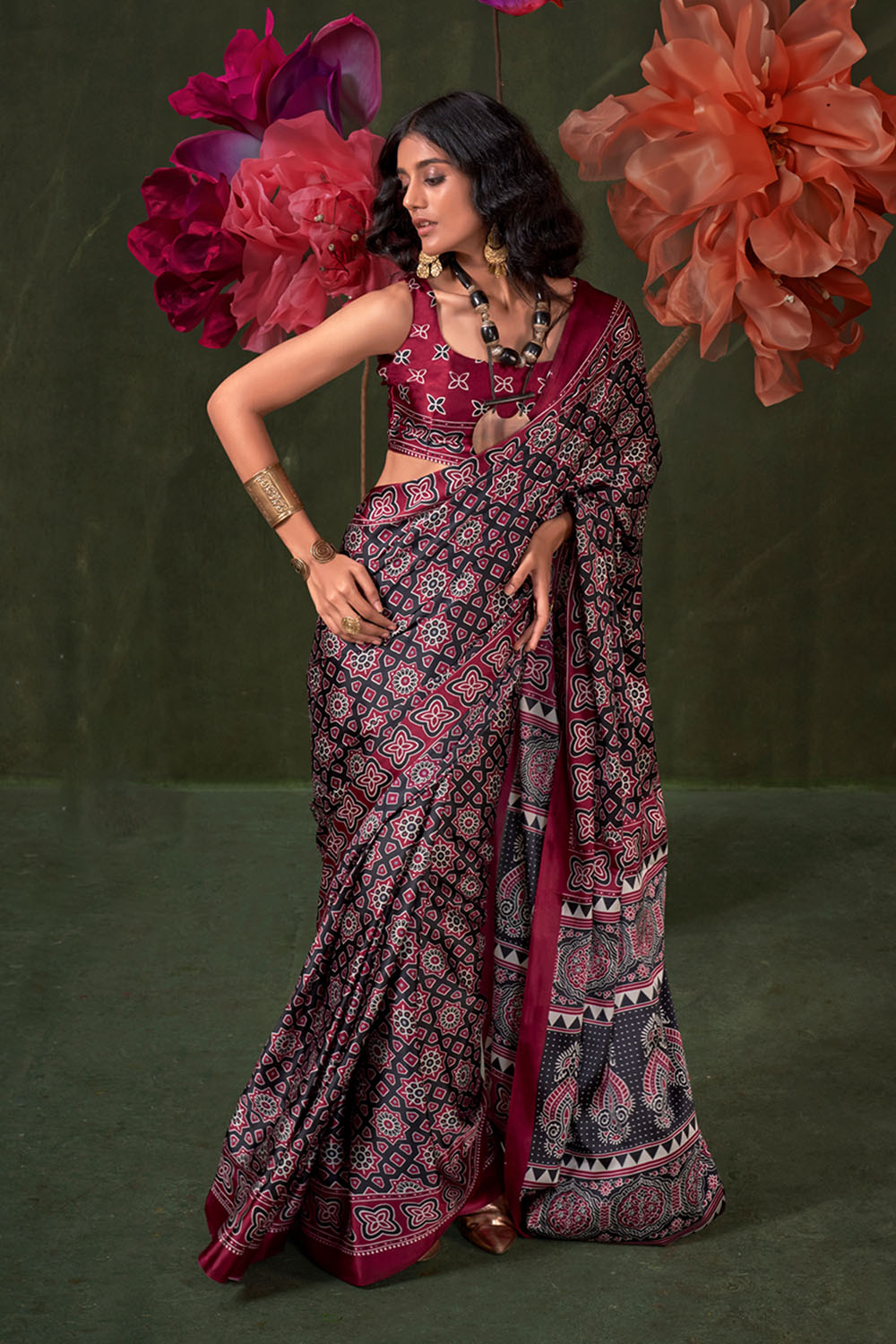 Aurora Wine Designer Satin Crepe Ajrakh Print Ready to Wear Saree