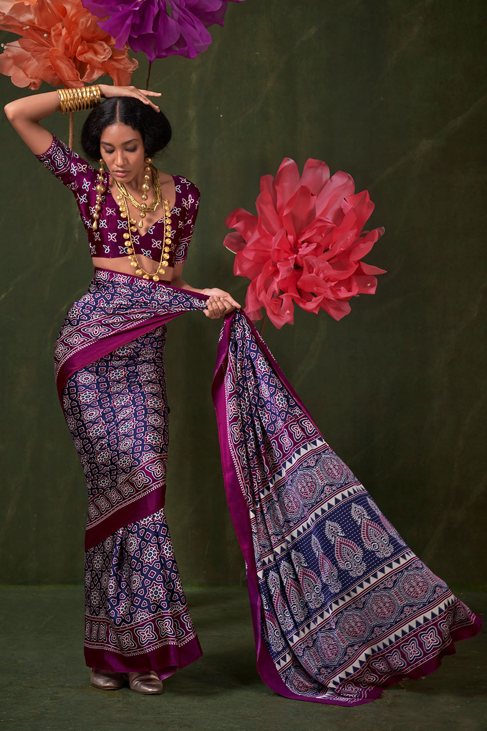 Aurora Purple Designer Satin Crepe Ajrakh Print Ready to Wear Saree