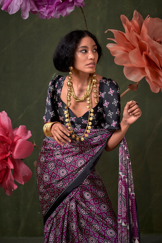 Aurora Magenta Designer Satin Crepe Ajrakh Print Ready to Wear Saree