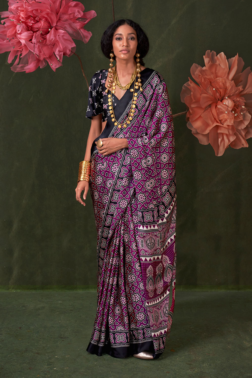 Aurora Magenta Designer Satin Crepe Ajrakh Print Ready to Wear Saree