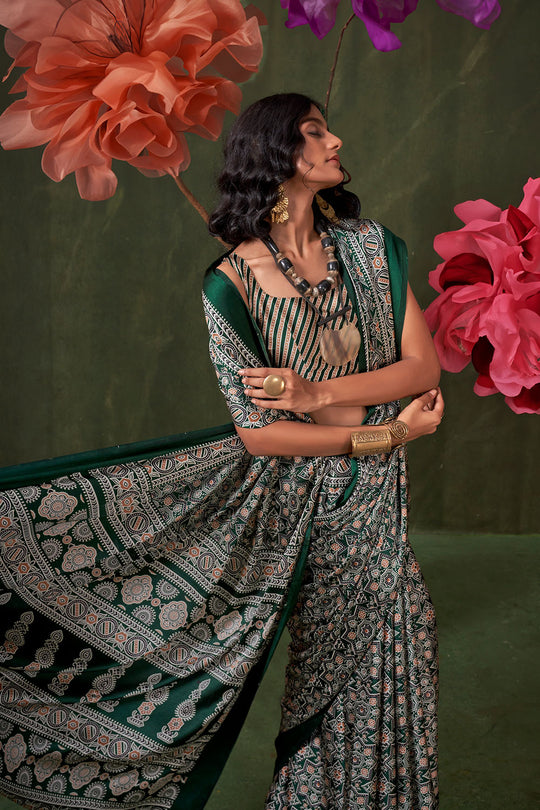 Aurora Bottle Green Designer Satin Crepe Ajrakh Print Ready to Wear Saree