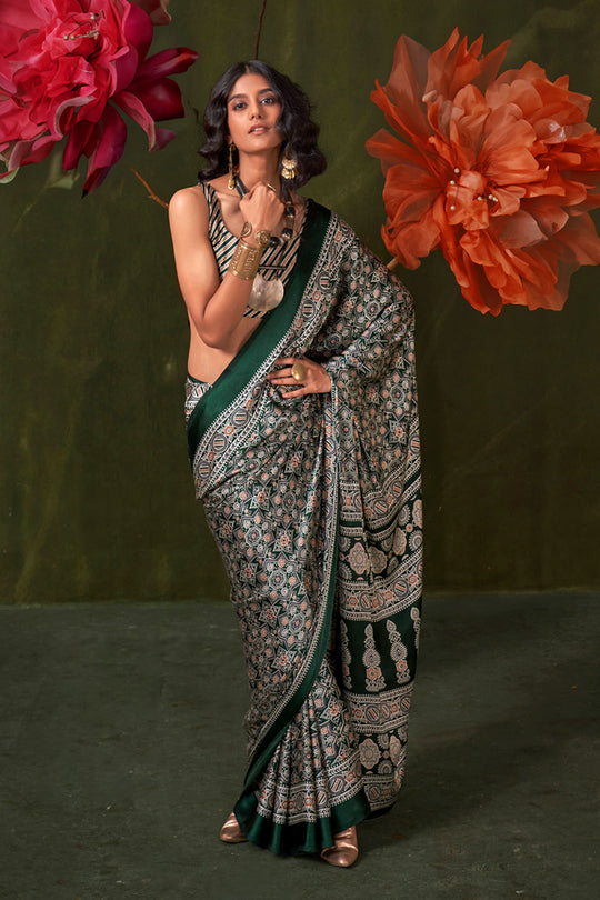 Aurora Bottle Green Designer Satin Crepe Ajrakh Print Ready to Wear Saree