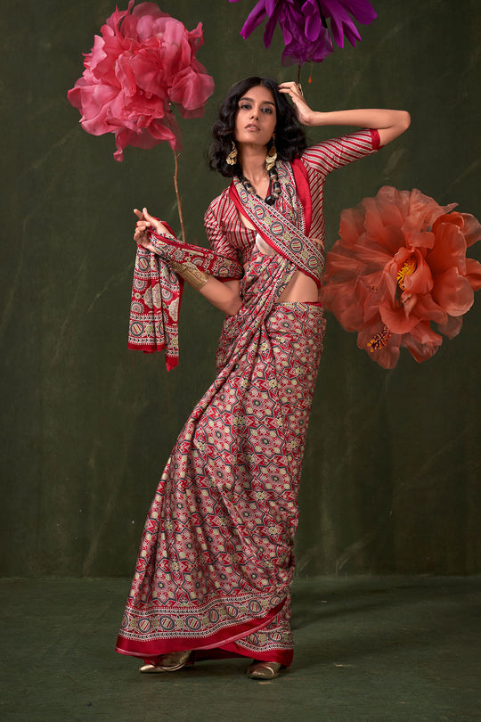 Aurora Red Designer Satin Crepe Ajrakh Print Ready to Wear Saree