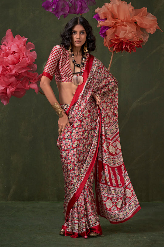 Aurora Red Designer Satin Crepe Ajrakh Print Ready to Wear Saree