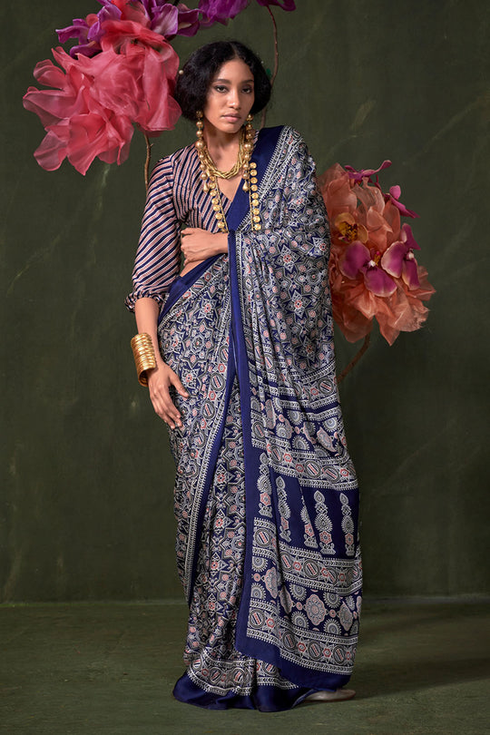 Aurora Navy Blue Designer Satin Crepe Ajrakh Print Ready to Wear Saree