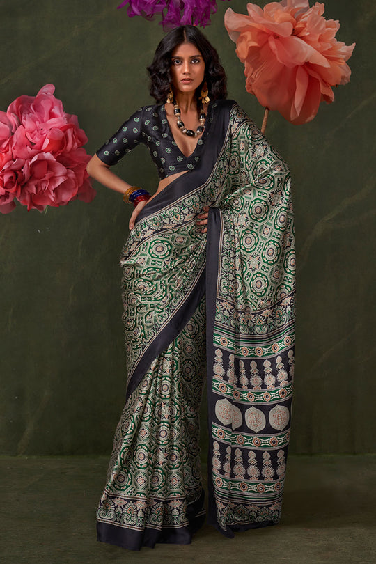 Aurora Sage Green Designer Satin Crepe Ajrakh Print Ready to Wear Saree