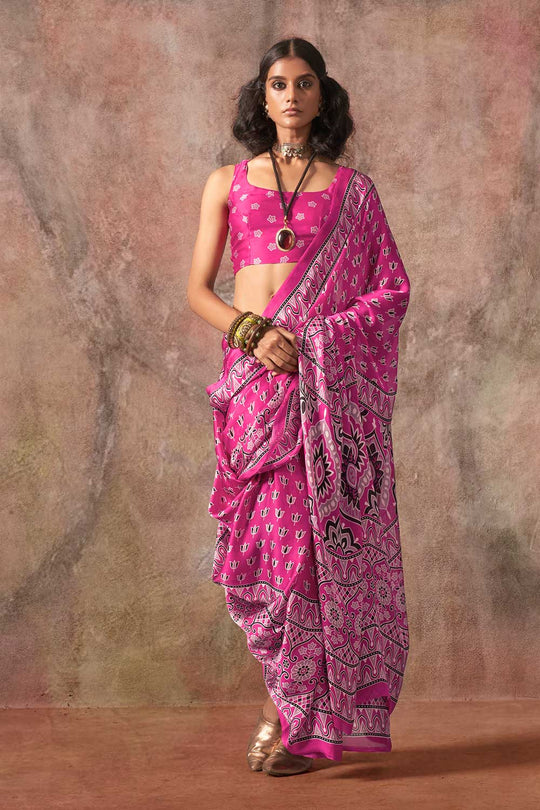 Xyla Pink Satin Ajrakh Print Ready to Wear One Minute Saree