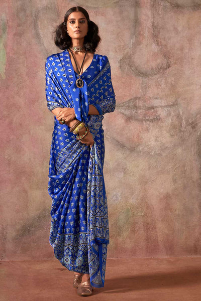 Xyla Blue Satin Ajrakh Print Ready to Wear One Minute Saree