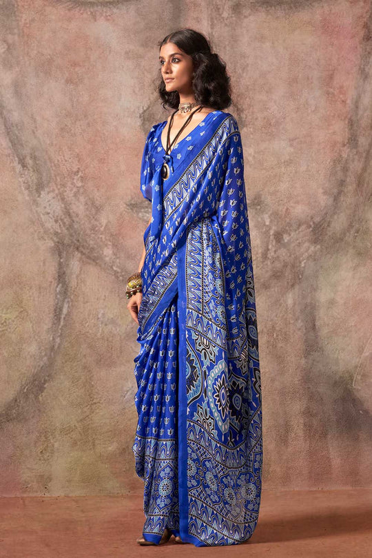 Xyla Blue Satin Ajrakh Print Ready to Wear One Minute Saree