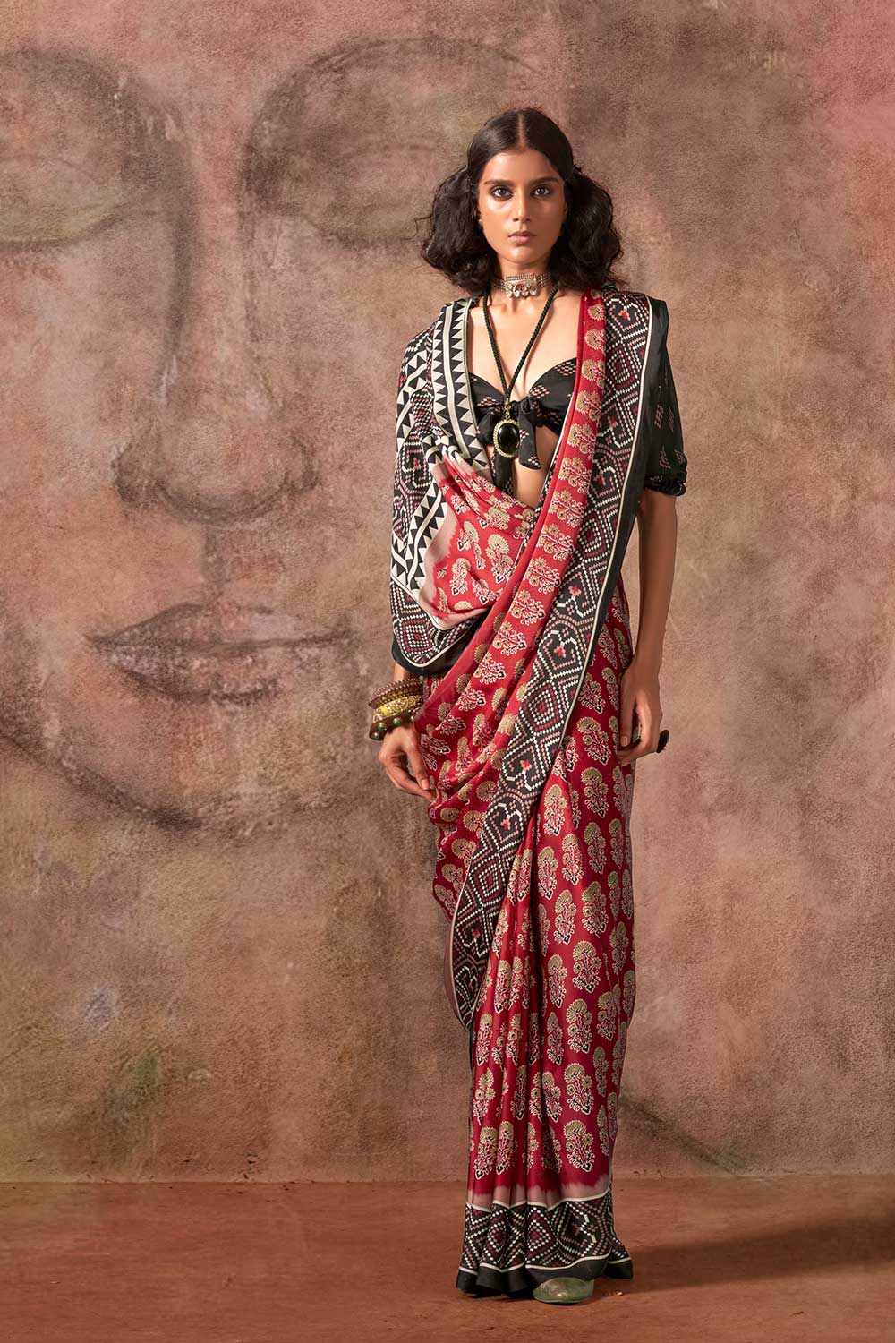 Xyla Maroon Satin Ajrakh Print Ready to Wear One Minute Saree
