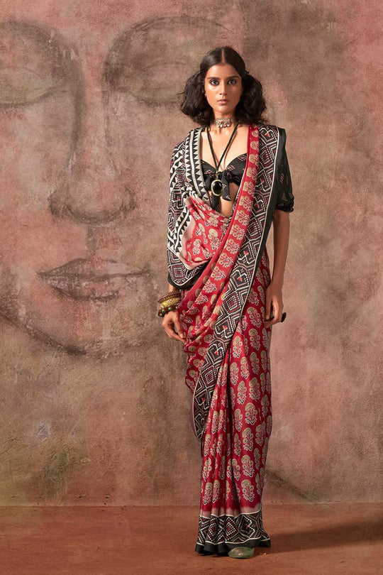 Xyla Maroon Satin Ajrakh Print Ready to Wear One Minute Saree