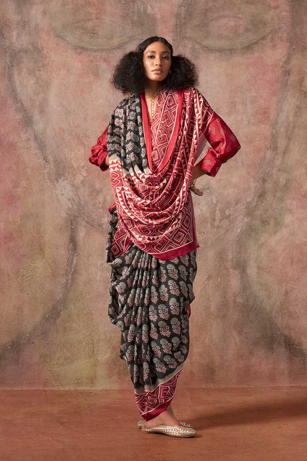 Xyla Black Satin Ajrakh Print Ready to Wear One Minute Saree