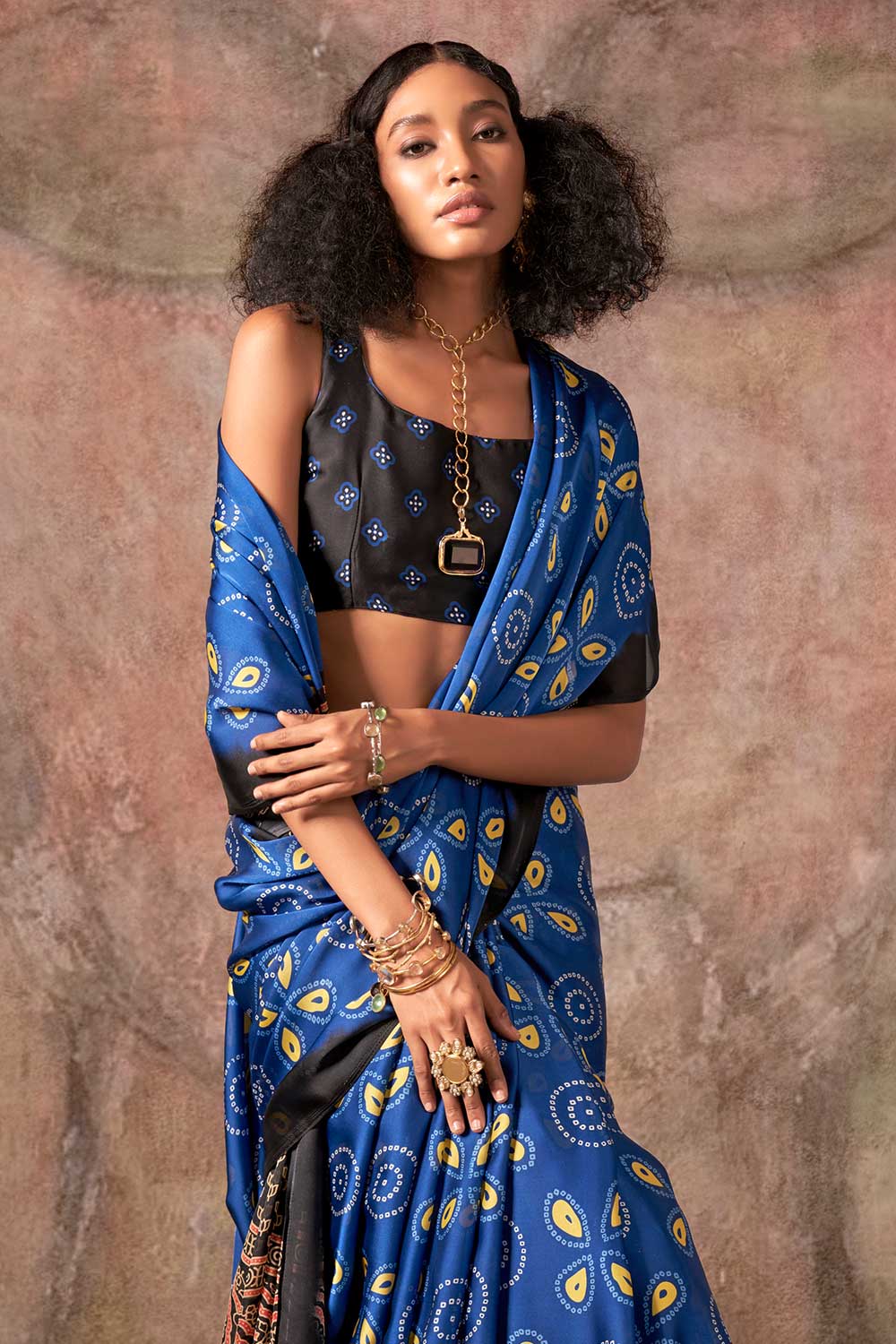 Xyla Blue Satin Ajrakh Print Ready to Wear One Minute Saree