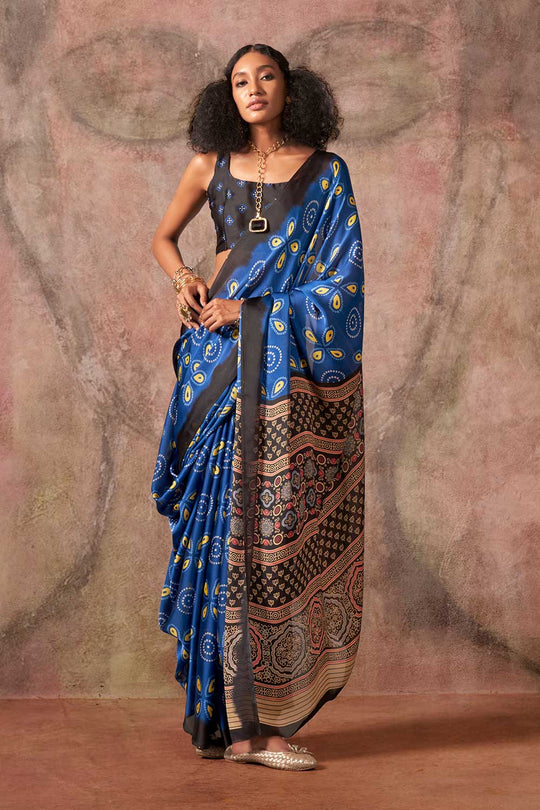 Xyla Blue Satin Ajrakh Print Ready to Wear One Minute Saree