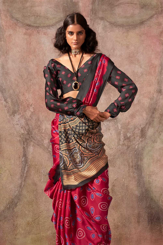 Xyla Red Satin Ajrakh Print Ready to Wear One Minute Saree