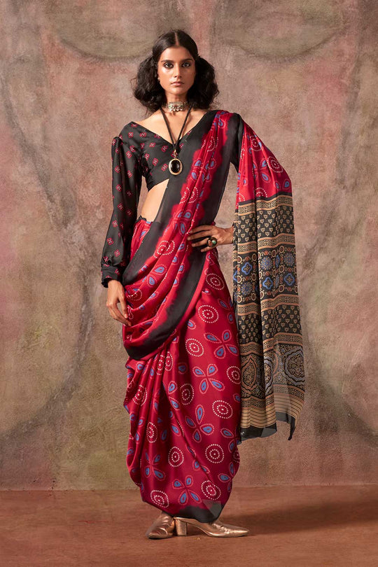 Xyla Red Satin Ajrakh Print Ready to Wear One Minute Saree