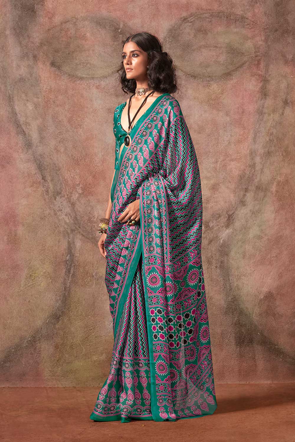 Xyla Green Satin Ajrakh Print Ready to Wear One Minute Saree