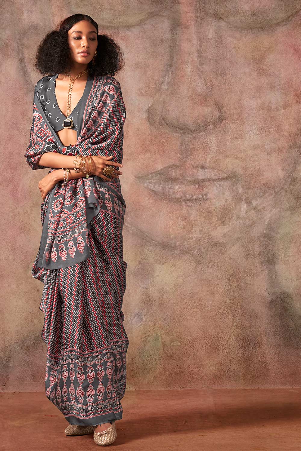 Xyla Grey Satin Ajrakh Print Ready to Wear One Minute Saree