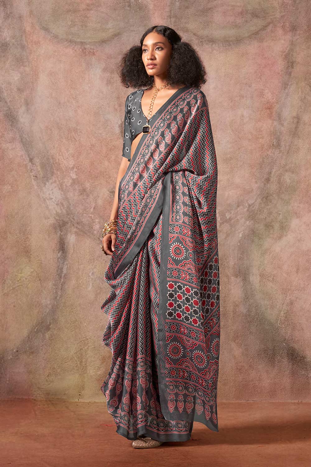 Xyla Grey Satin Ajrakh Print Ready to Wear One Minute Saree