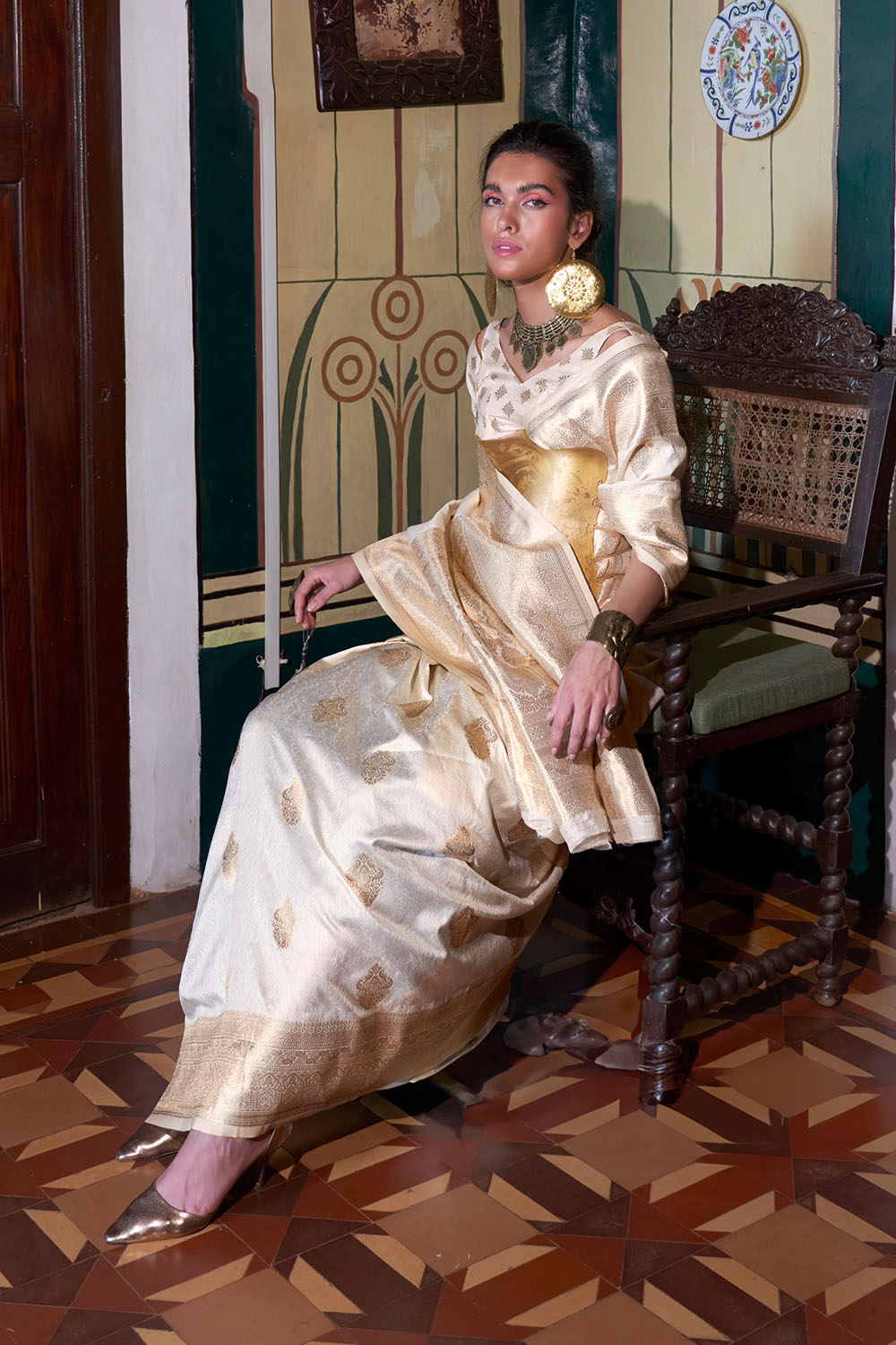 Auri Gold Beige Silk Woven Ready to Wear One Minute Saree