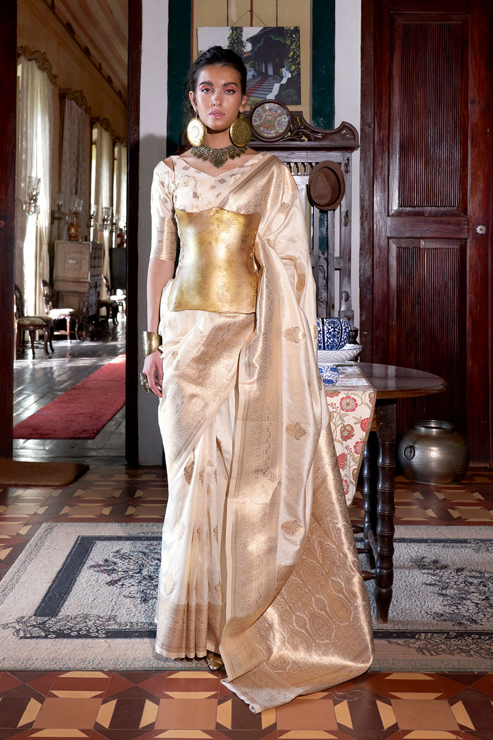 Auri Gold Beige Silk Woven Ready to Wear One Minute Saree