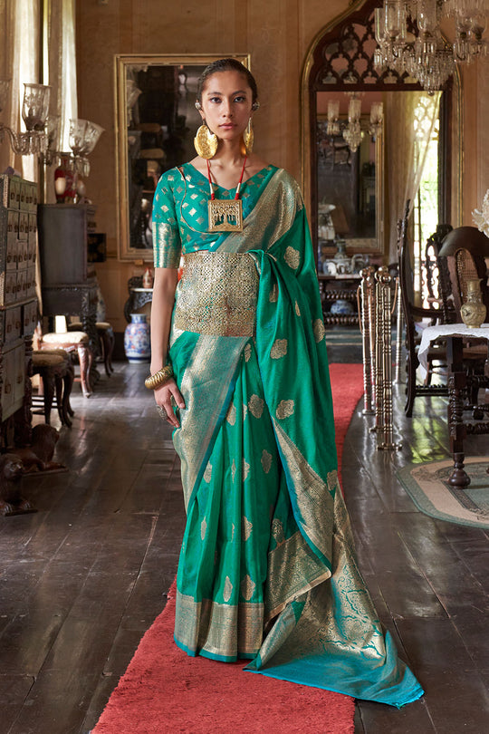 Auri Gold Green Silk Woven Ready to Wear One Minute Saree