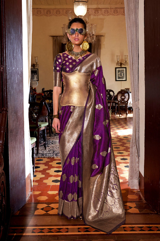 Auri Gold Violet Silk Woven Ready to Wear One Minute Saree