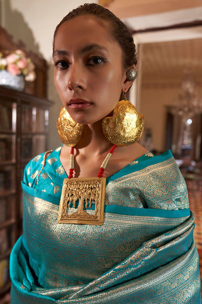 Auri Gold Teal Silk Woven Ready to Wear One Minute Saree