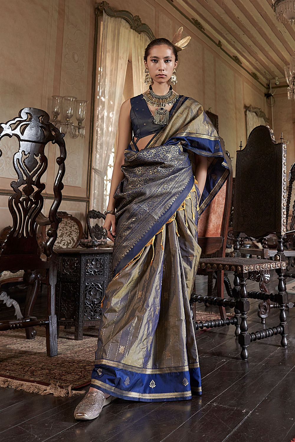Lilka Steel Grey & Navy Blue Tussar Silk Handloom Weaving Ready to Wear One Minute Saree