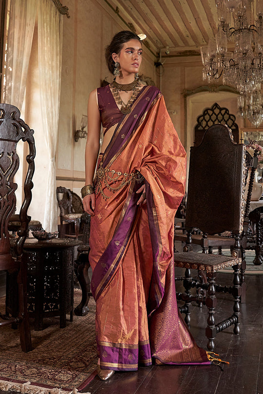 Lilka Peach Pink with Purple Border Tussar Silk Ready to Wear One Minute Saree