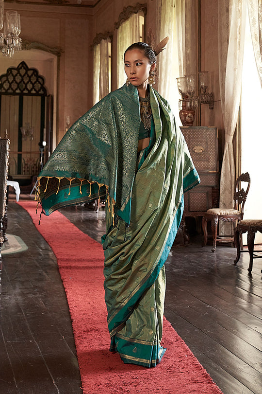 Lilka Teal Green Tussar Silk Handloom Weaving Ready to Wear One Minute Saree