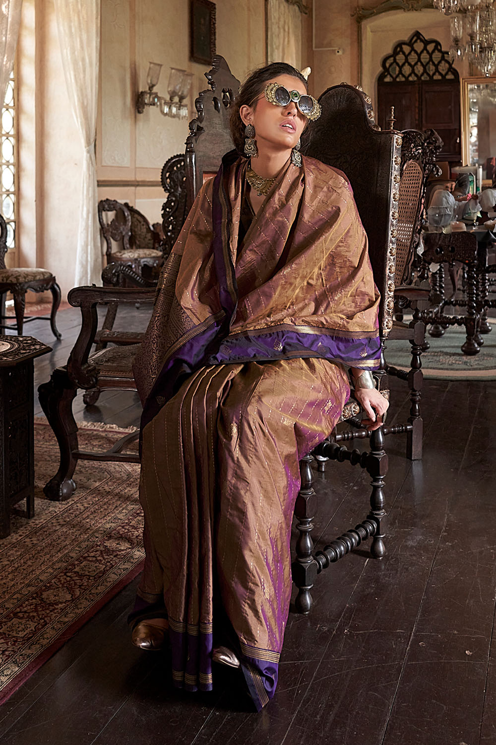 Lilka Brown Tussar Silk Handloom Weaving Ready to Wear One Minute Saree