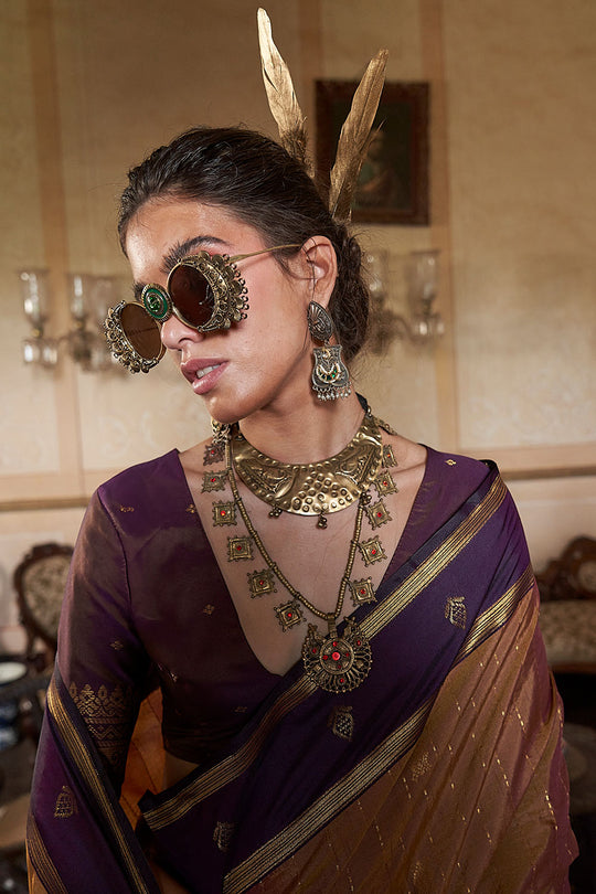 Lilka Brown Tussar Silk Handloom Weaving Ready to Wear One Minute Saree