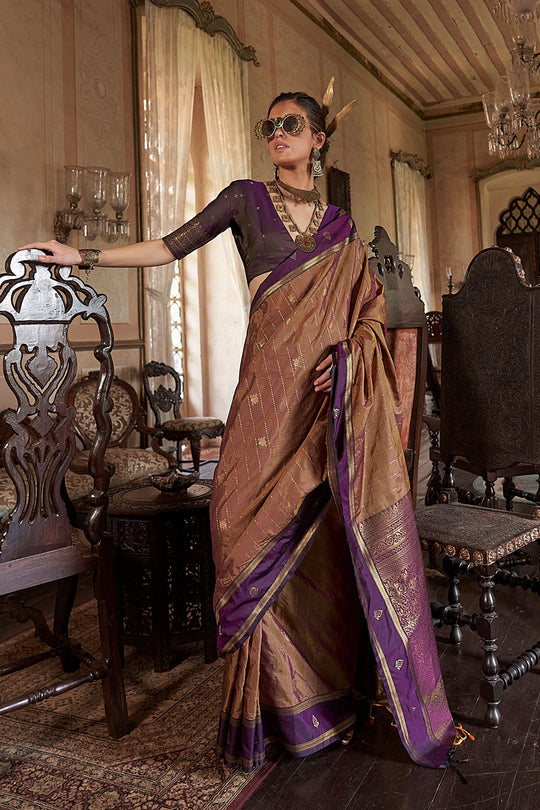 Lilka Brown Tussar Silk Handloom Weaving Ready to Wear One Minute Saree