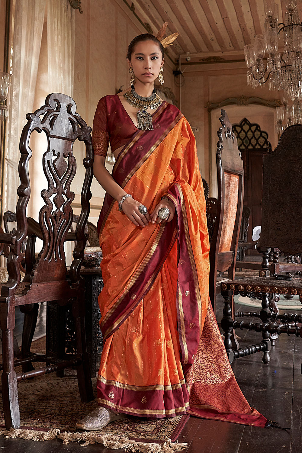 Lilka Rust Orange Tussar Silk Handloom Weaving Ready to Wear One Minute Saree