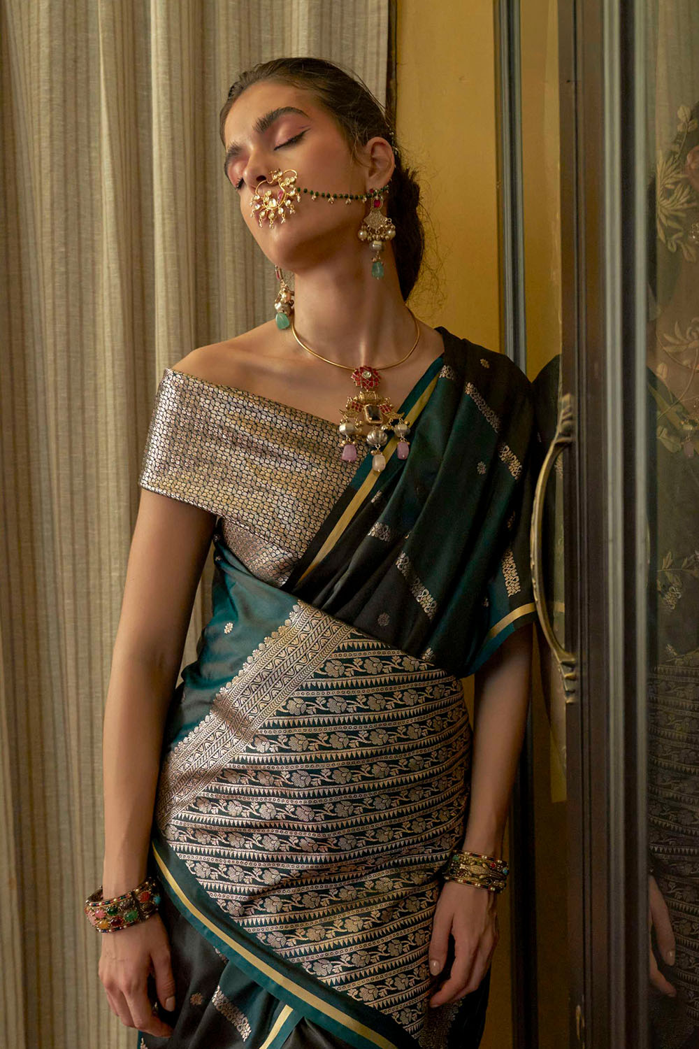 Grace  Green & Charcoal Grey Pure Satin Handloom Weaving Ready to Wear Saree