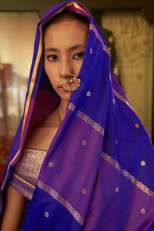 Grace Royal Purple &amp; Violet Pure Satin Handloom Weaving Ready to Wear Saree