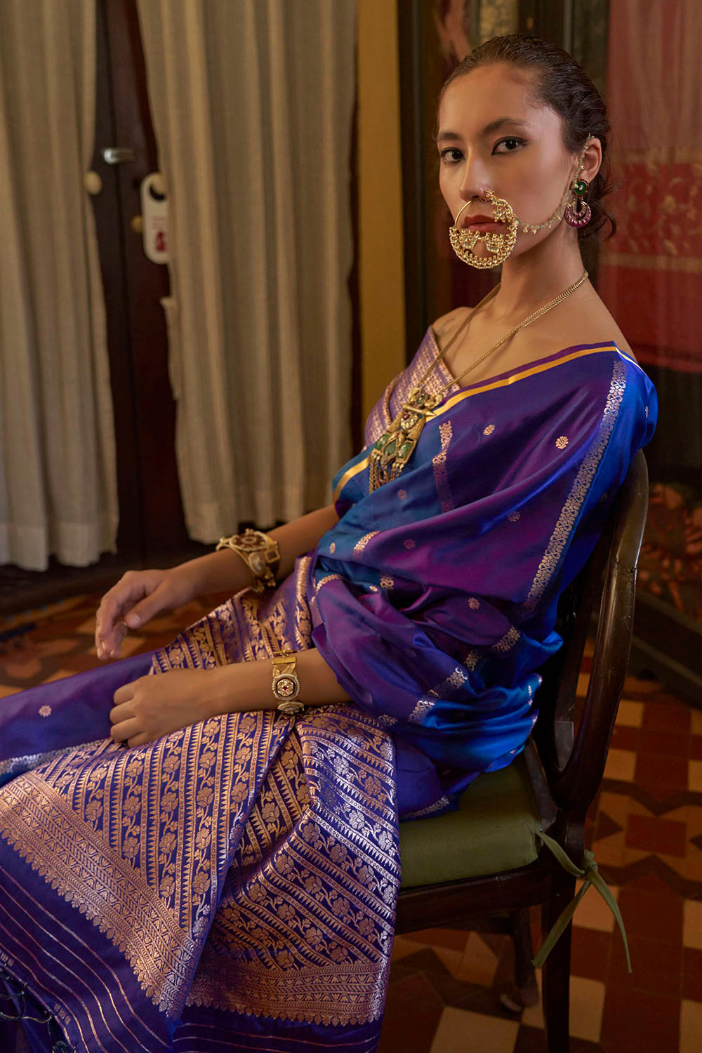 Grace Blue & Purple Pure Satin Handloom Weaving Ready to Wear Saree