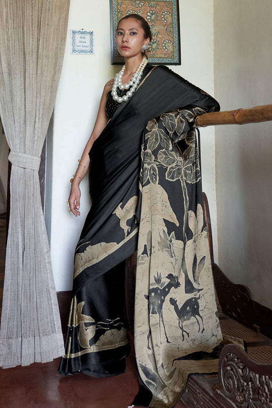 Poorna Black Modal Satin Nature Print Ready to Wear Saree
